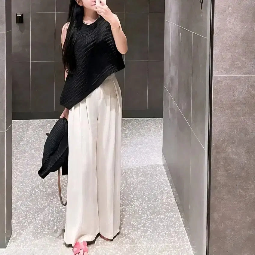 [BUNJANG] Closet9 Linen Pintuck Wide Slacks - Beige, S / 클로젯나인 린넨 핀턱 와이드 슬랙스 - 베이지,S