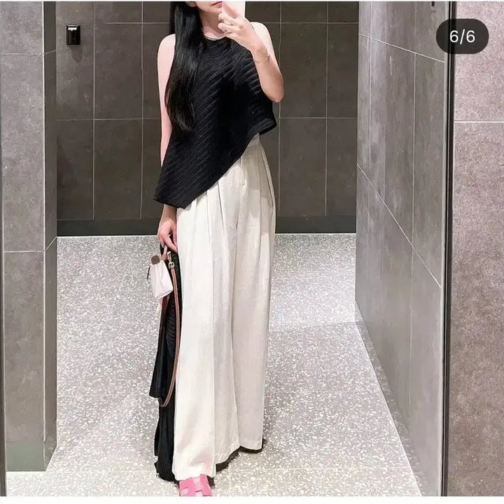 [BUNJANG] Closet9 Linen Pintuck Wide Slacks - Beige, S / 클로젯나인 린넨 핀턱 와이드 슬랙스 - 베이지,S