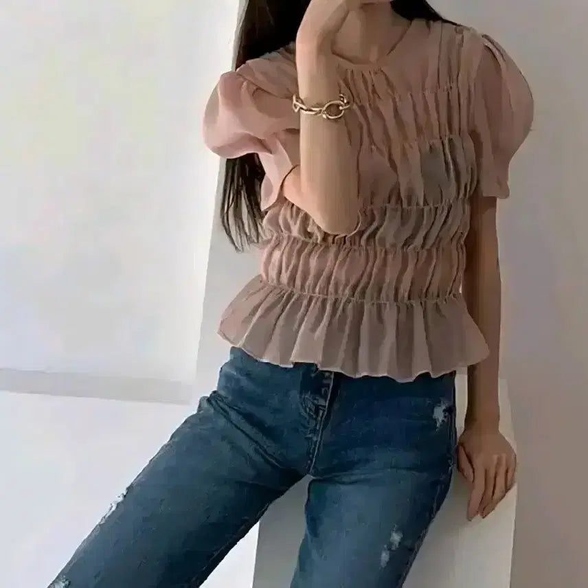 [BUNJANG] DeMore Smoke Shirring Blouse - Black / 드모어 스모크 셔링 블라우스 - 블랙