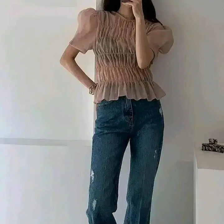 [BUNJANG] DeMore Smoke Shirring Blouse - Black / 드모어 스모크 셔링 블라우스 - 블랙