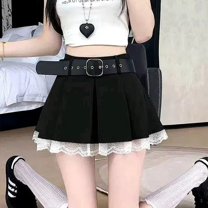 [BUNJANG] Lace Black Mini Skirt with Belt Set / 레이스 블랙 미니스커트 레이스치마 테니스치마 벨트세트 갸루 발레코어룩