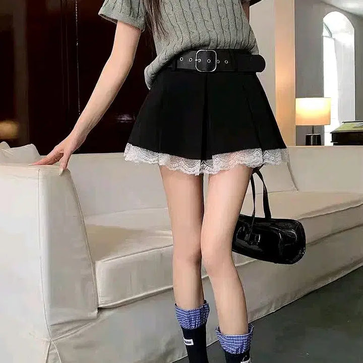 [BUNJANG] Lace Black Mini Skirt with Belt Set / 레이스 블랙 미니스커트 레이스치마 테니스치마 벨트세트 갸루 발레코어룩
