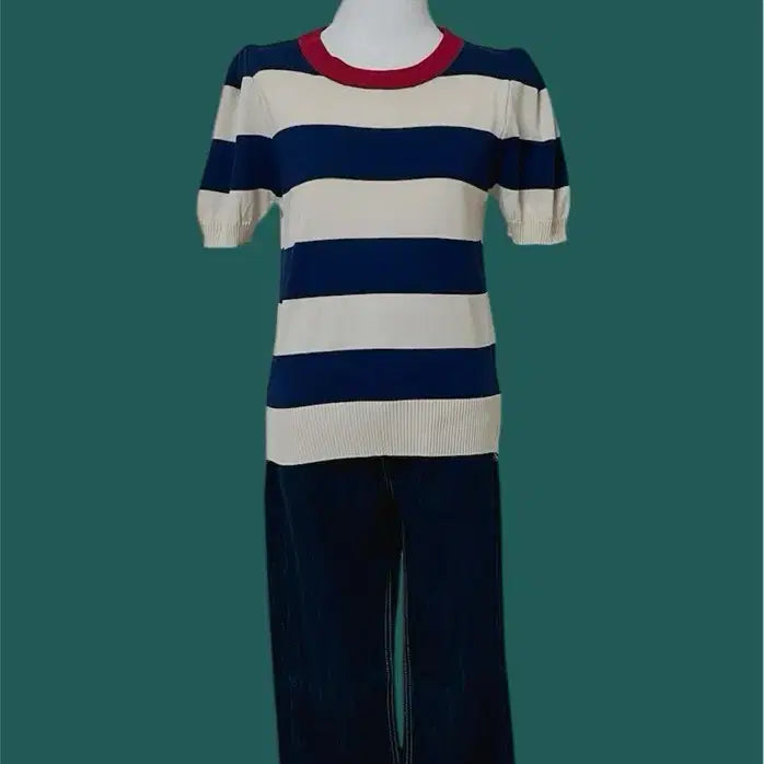[BUNJANG] Puff Sleeve Striped Knit Top / 퍼프소매 스트라이프 반팔니트