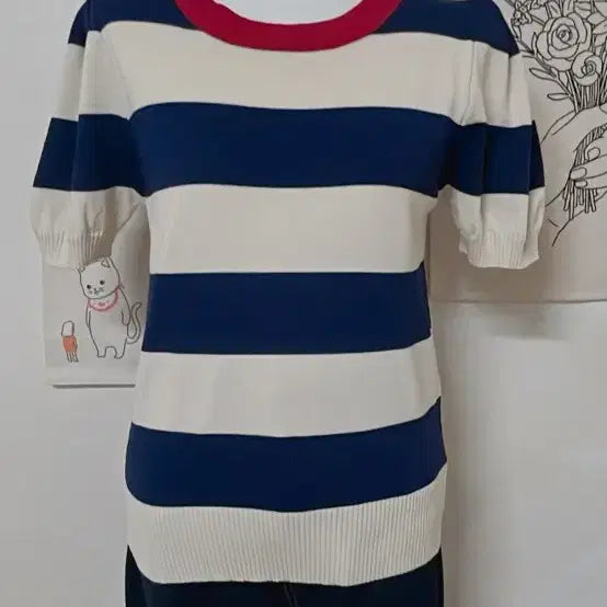 [BUNJANG] Puff Sleeve Striped Knit Top / 퍼프소매 스트라이프 반팔니트