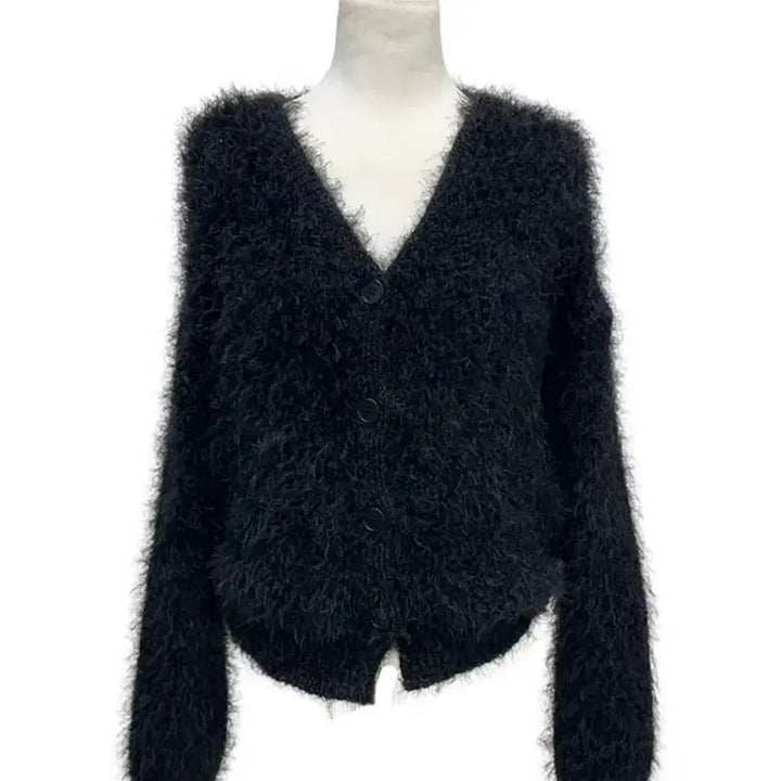 [BUNJANG] Angora V-Neck Fur Cardigan - Black / 앙고라 브이넥 퍼 가디건 새상품 BLACK