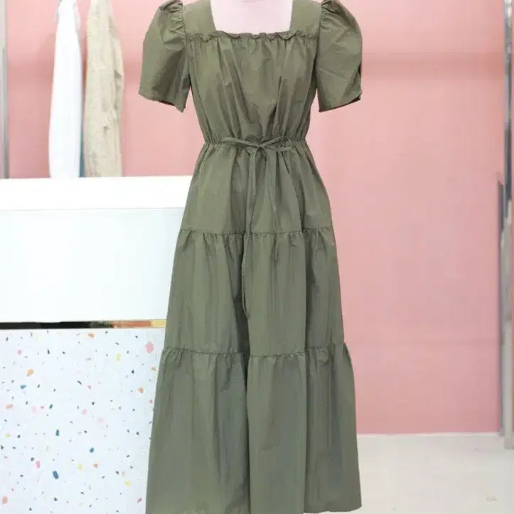 [BUNJANG] Plastic Island Khaki Ruffle Long Dress / 플라스틱아일랜드 카키 캉캉 롱원피스
