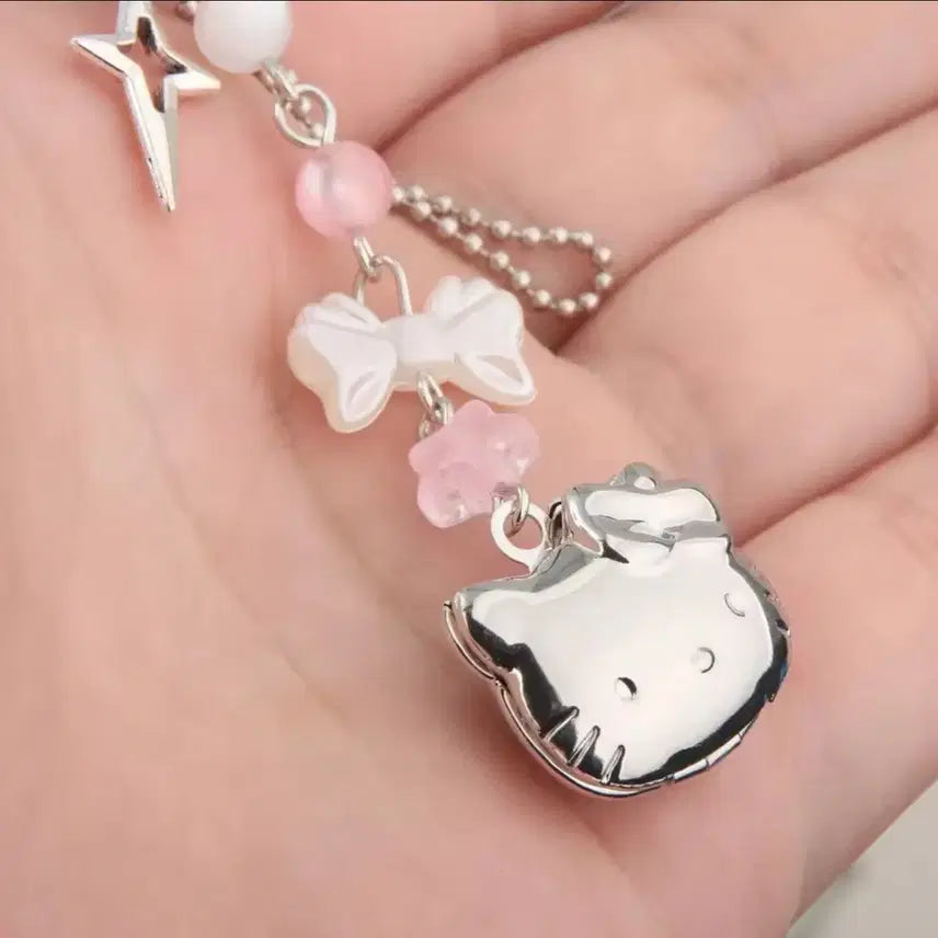 [BUNJANG] Kitty Pendant Silver Ribbon Keyring / (뚜껑이 열리는!) 키티 펜던트 실버 리본 키링
