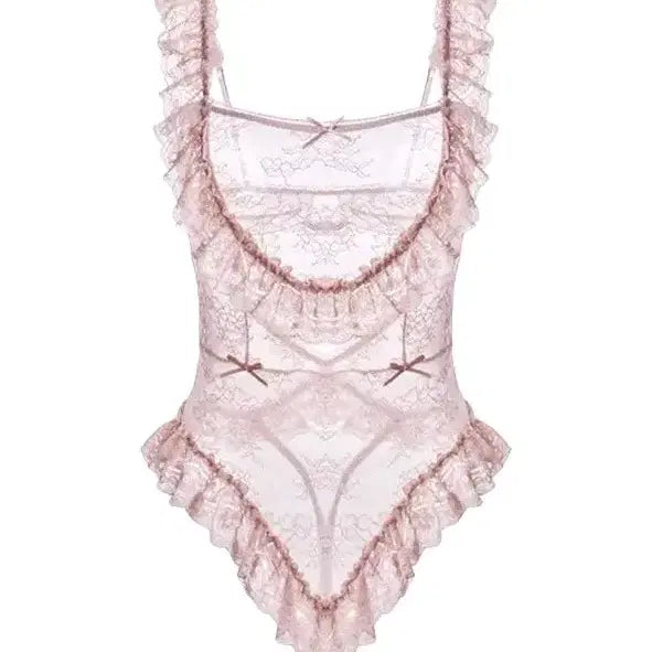 [BUNJANG] Lace Ruffle Pink Bodysuit Lingerie / 레이스 러플 핑크 바디수트 란제리