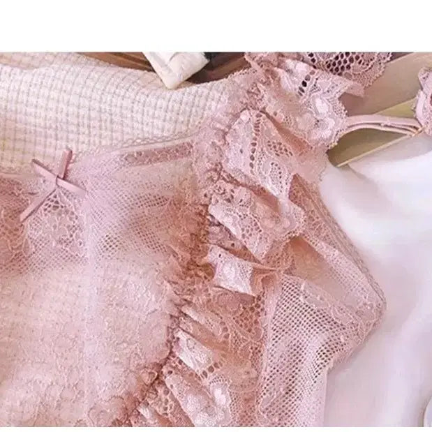 [BUNJANG] Lace Ruffle Pink Bodysuit Lingerie / 레이스 러플 핑크 바디수트 란제리