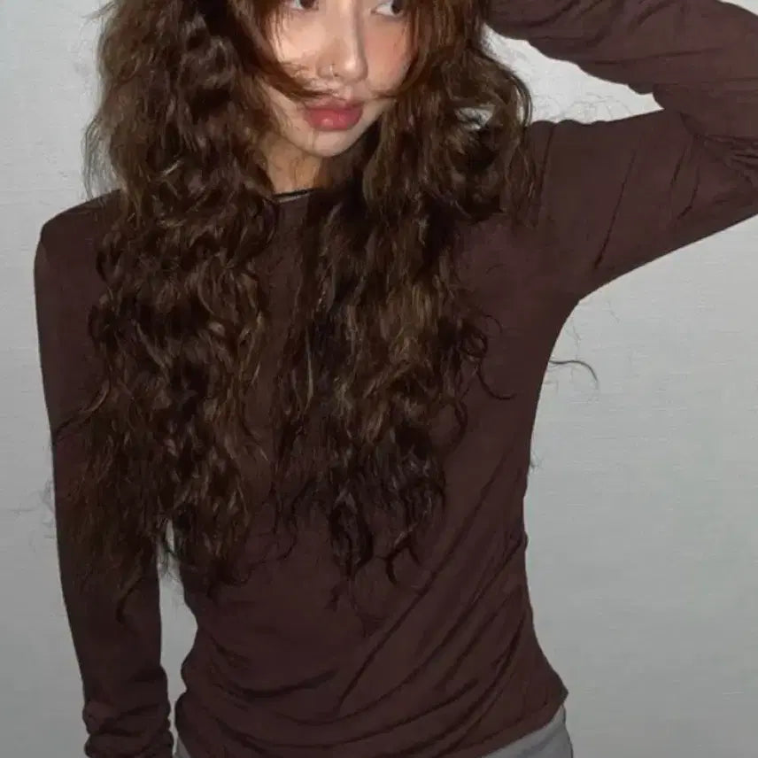 [BUNJANG] Shirring Layered Warmer Brown T-shirt / 셔링 레이어드 워머 티셔츠 갈색