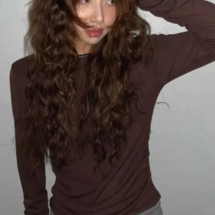 [BUNJANG] Shirring Layered Warmer Brown T-shirt / 셔링 레이어드 워머 티셔츠 갈색