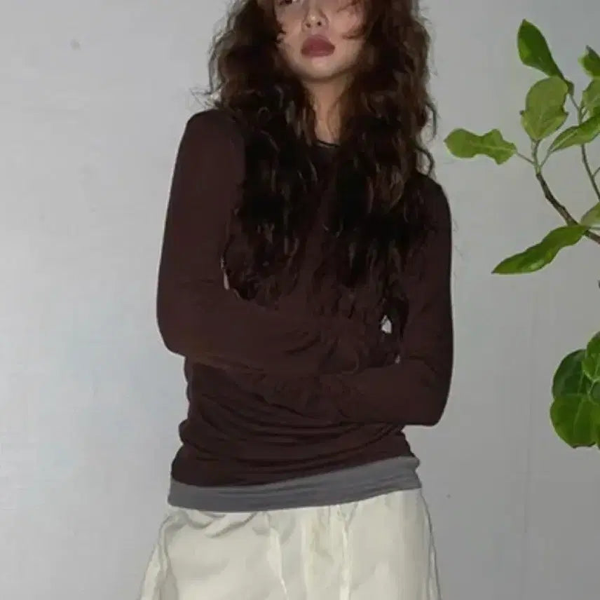 [BUNJANG] Shirring Layered Warmer Brown T-shirt / 셔링 레이어드 워머 티셔츠 갈색