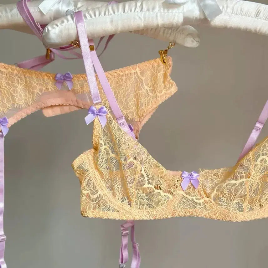 [BUNJANG] Lace Lingerie Set / 레이스 란제리 속옷 세트 (브라/팬티/가터벨트)