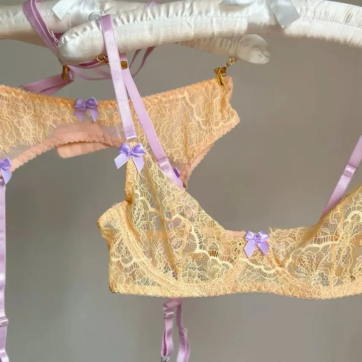 [BUNJANG] Lace Lingerie Set / 레이스 란제리 속옷 세트 (브라/팬티/가터벨트)