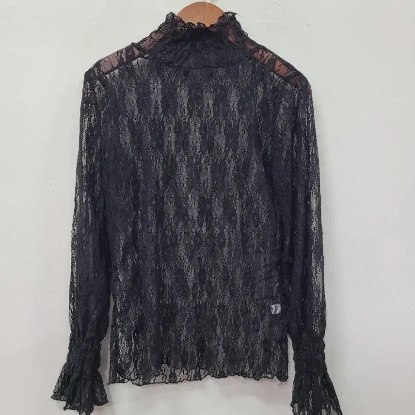 [BUNJANG] Black Lace See-Through High Neck Blouse / 블랙 레이스 시스루 긴팔 블라우스