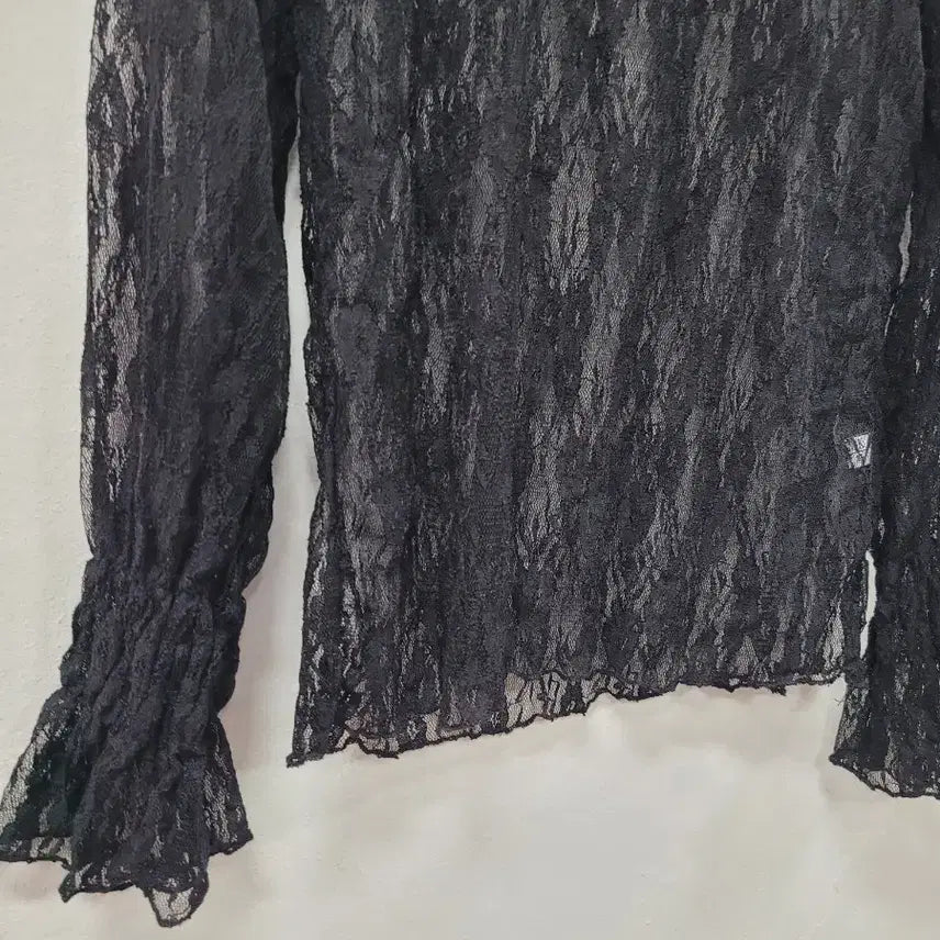 [BUNJANG] Black Lace See-Through High Neck Blouse / 블랙 레이스 시스루 긴팔 블라우스