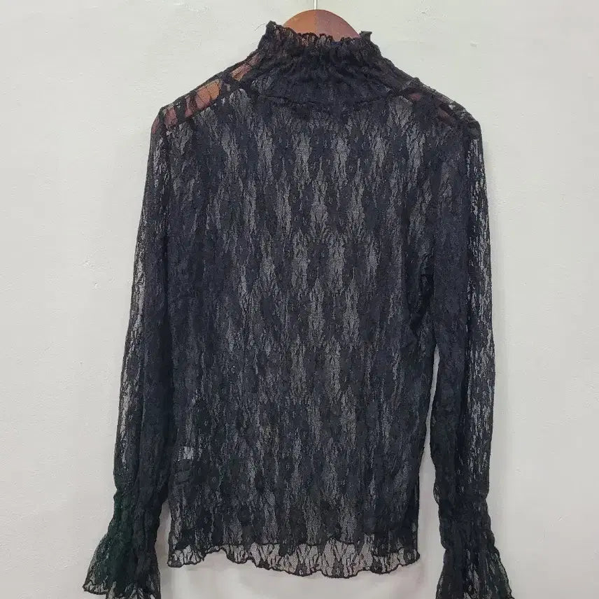[BUNJANG] Black Lace See-Through High Neck Blouse / 블랙 레이스 시스루 긴팔 블라우스