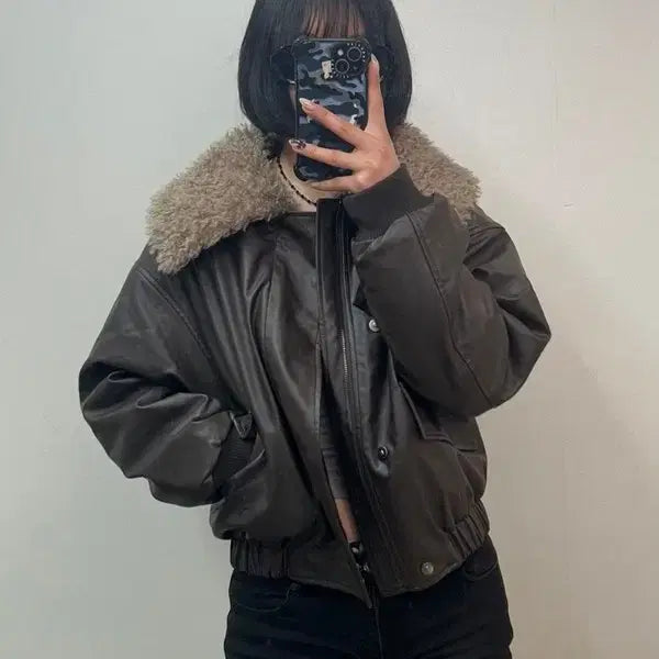 [BUNJANG] 8 CUBIC Faux Fur Collar Leather Blouson Brown / 8 CUBIC 새상품 퍼 카라 레더 블루종 브라운