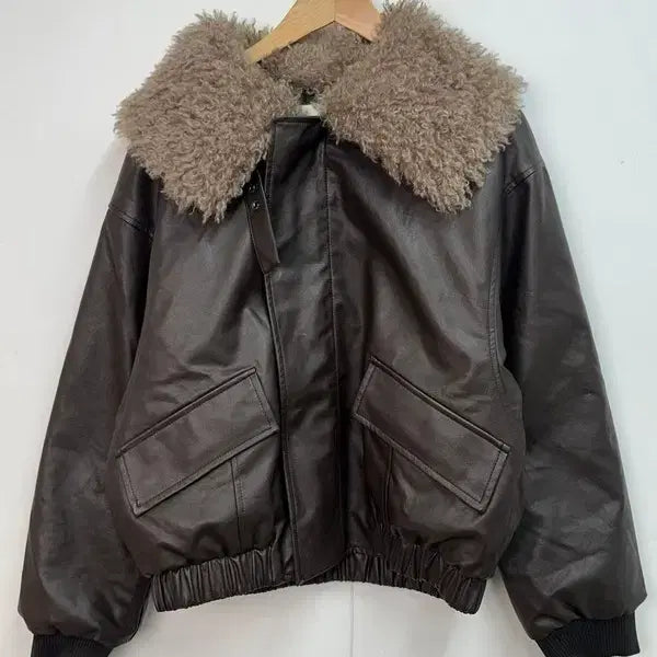 [BUNJANG] 8 CUBIC Faux Fur Collar Leather Blouson Brown / 8 CUBIC 새상품 퍼 카라 레더 블루종 브라운
