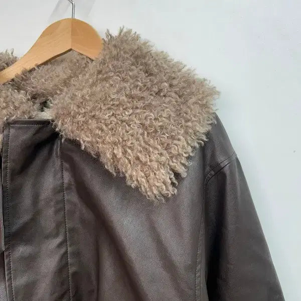 [BUNJANG] 8 CUBIC Faux Fur Collar Leather Blouson Brown / 8 CUBIC 새상품 퍼 카라 레더 블루종 브라운