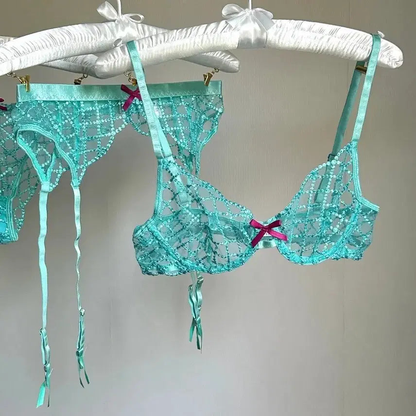 [BUNJANG] Aqua Blue Lace Lingerie Set / 시스루 레이스 브라 + 팬티 세트