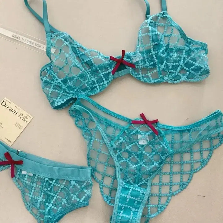[BUNJANG] Aqua Blue Lace Lingerie Set / 시스루 레이스 브라 + 팬티 세트