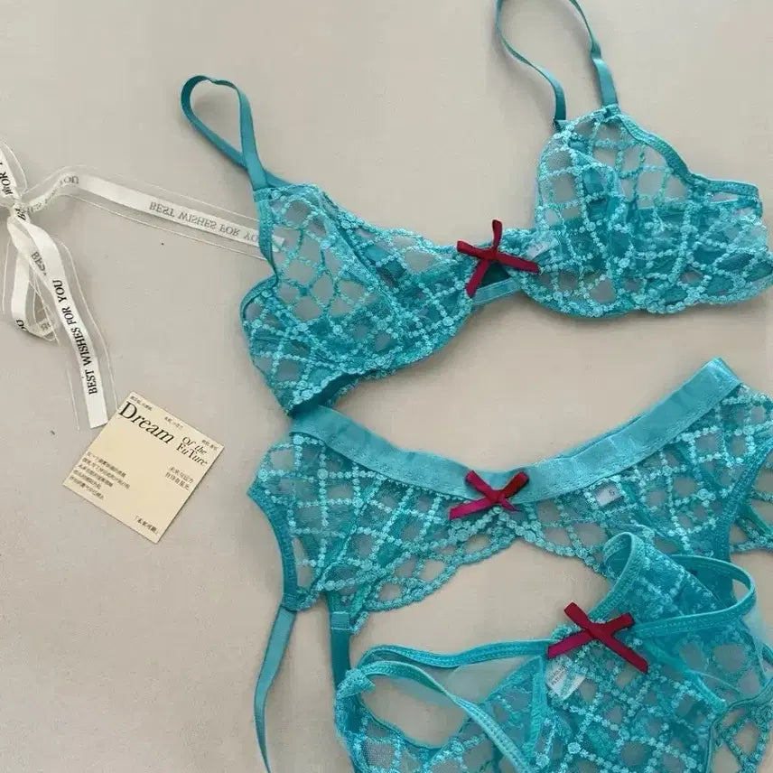[BUNJANG] Aqua Blue Lace Lingerie Set / 시스루 레이스 브라 + 팬티 세트
