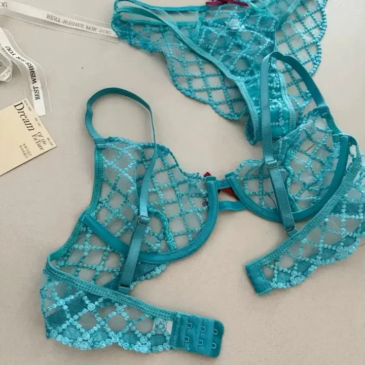 [BUNJANG] Aqua Blue Lace Lingerie Set / 시스루 레이스 브라 + 팬티 세트