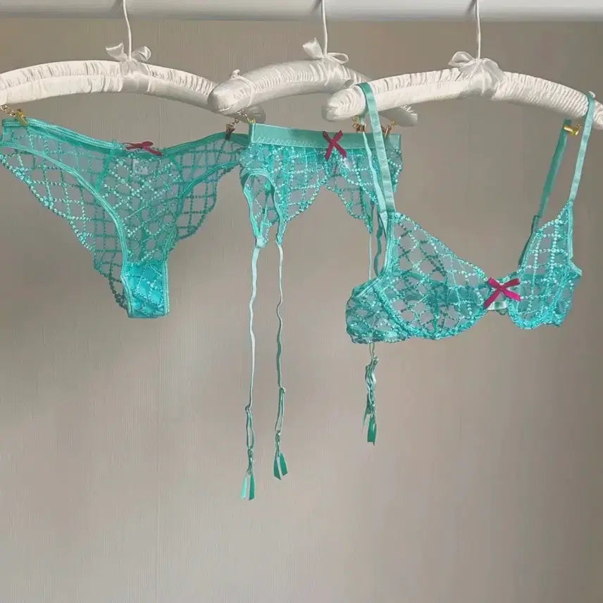[BUNJANG] Aqua Blue Lace Lingerie Set / 시스루 레이스 브라 + 팬티 세트