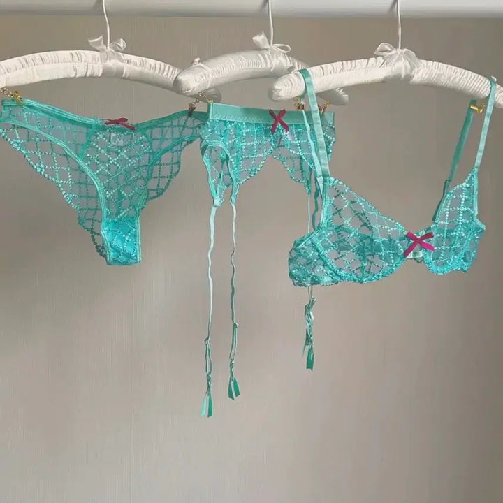 [BUNJANG] Aqua Blue Lace Lingerie Set / 시스루 레이스 브라 + 팬티 세트
