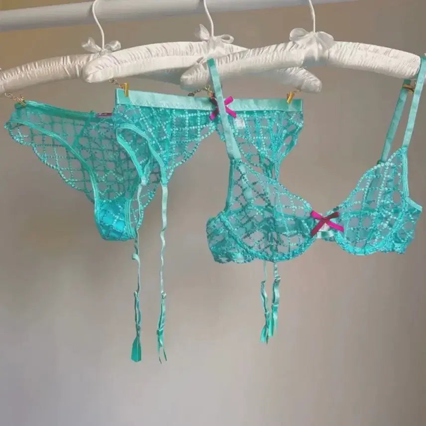 [BUNJANG] Aqua Blue Lace Lingerie Set / 시스루 레이스 브라 + 팬티 세트