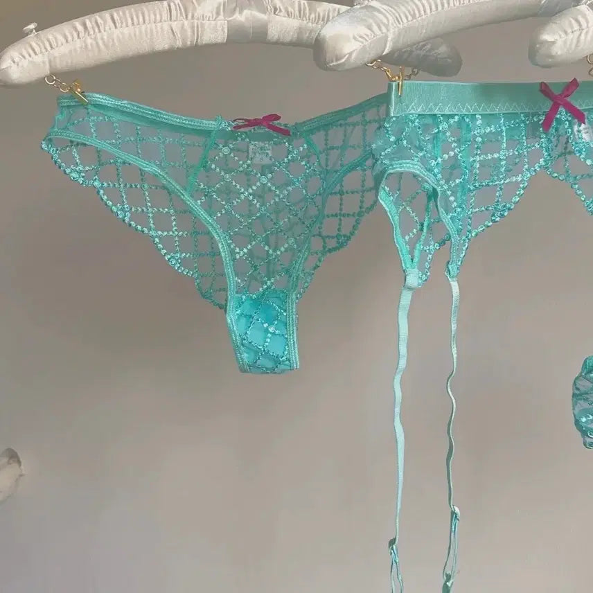[BUNJANG] Aqua Blue Lace Lingerie Set / 시스루 레이스 브라 + 팬티 세트