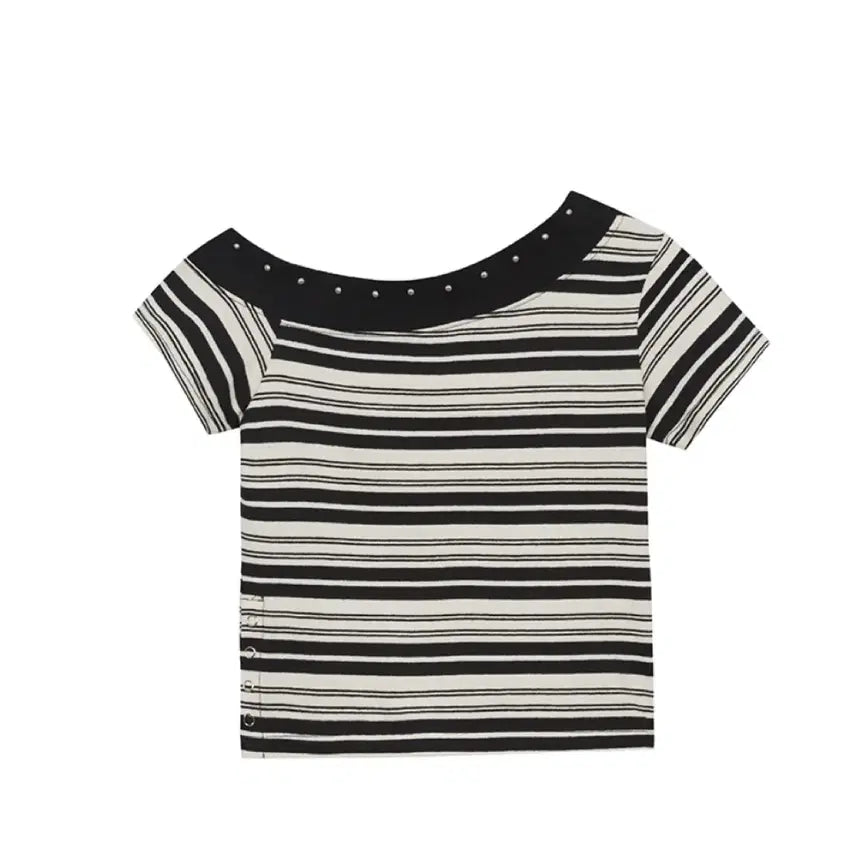 [BUNJANG] Illygo One Shoulder Studded Stripe Top / (새상품) 일리고 원숄더 스터드 스트라이프 탑 블랙 아이보리