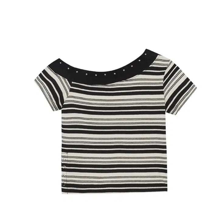 [BUNJANG] Illygo One Shoulder Studded Stripe Top / (새상품) 일리고 원숄더 스터드 스트라이프 탑 블랙 아이보리