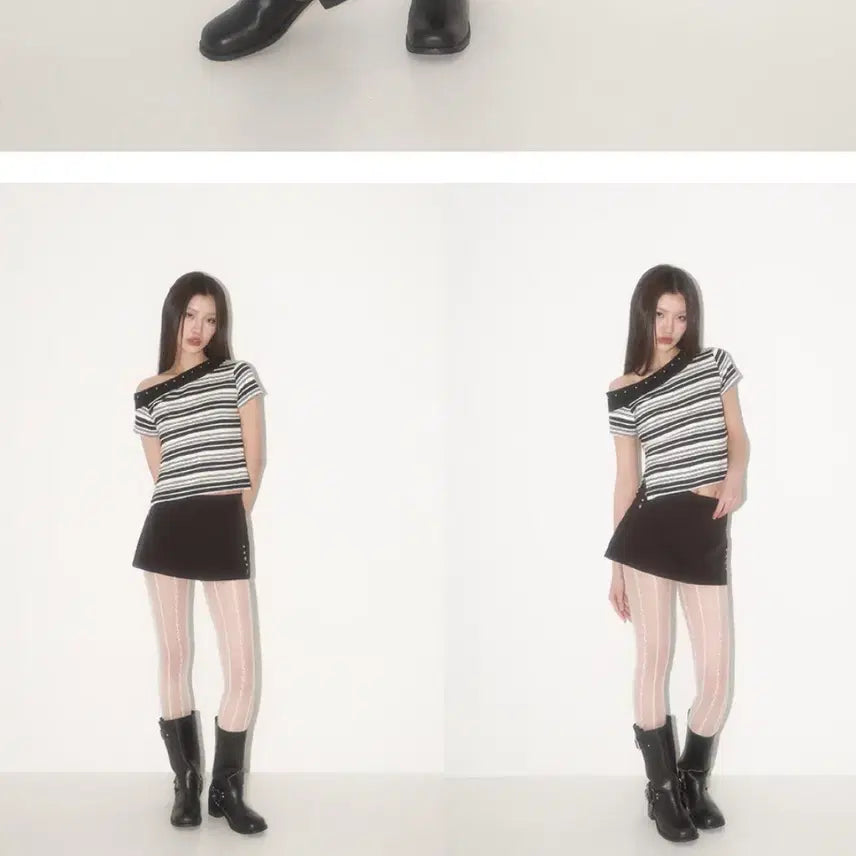 [BUNJANG] Illygo One Shoulder Studded Stripe Top / (새상품) 일리고 원숄더 스터드 스트라이프 탑 블랙 아이보리