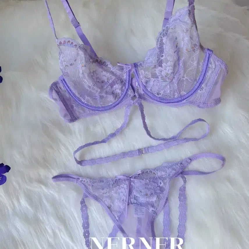 [BUNJANG] Lace Bralette Set - Light Purple / 레이스 브라렛 세트 연보라