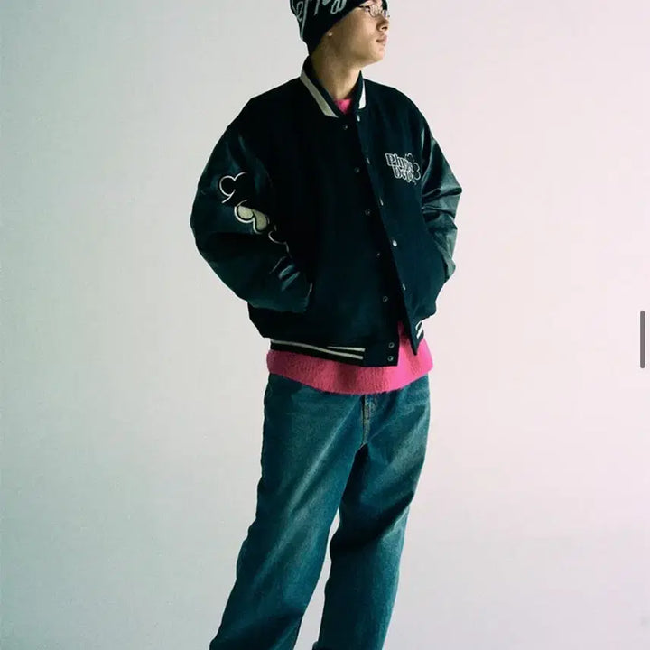 [BUNJANG] Physical Education Department Monday Routine Varsity Jacket - Black (M) / 피지컬 에듀케이션 디파트먼트 먼데이 루틴 바시티 블랙 자켓 m사이즈