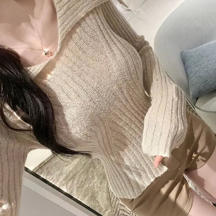 [BUNJANG] Imported Apparel Sequin Sailor Collar Knit Beige / 수입의류 여리핏 스팽글 펄 세일러 카라 니트 베이지