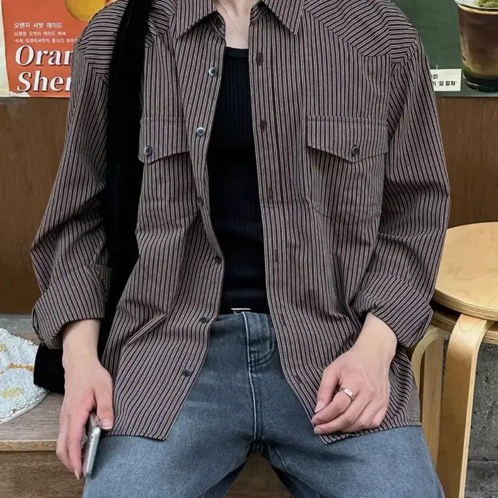 [BUNJANG] Base Moment Striped Western Shirt Dark Brown / 스트라이프 웨스턴 셔츠 다크 브라운(베이스모먼트)