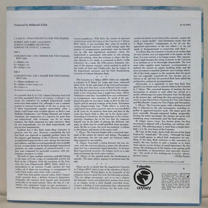 [BUNJANG] Bach: Two Concertos for Two Pianos, BWV 1060 &amp; 1061 - Robert and Gaby Casadesus - Columbia Odyssey LP / 바흐:두 대의 피아노를 위한 협주곡/로베르&amp;가비 카사드쉬 클래식 LP