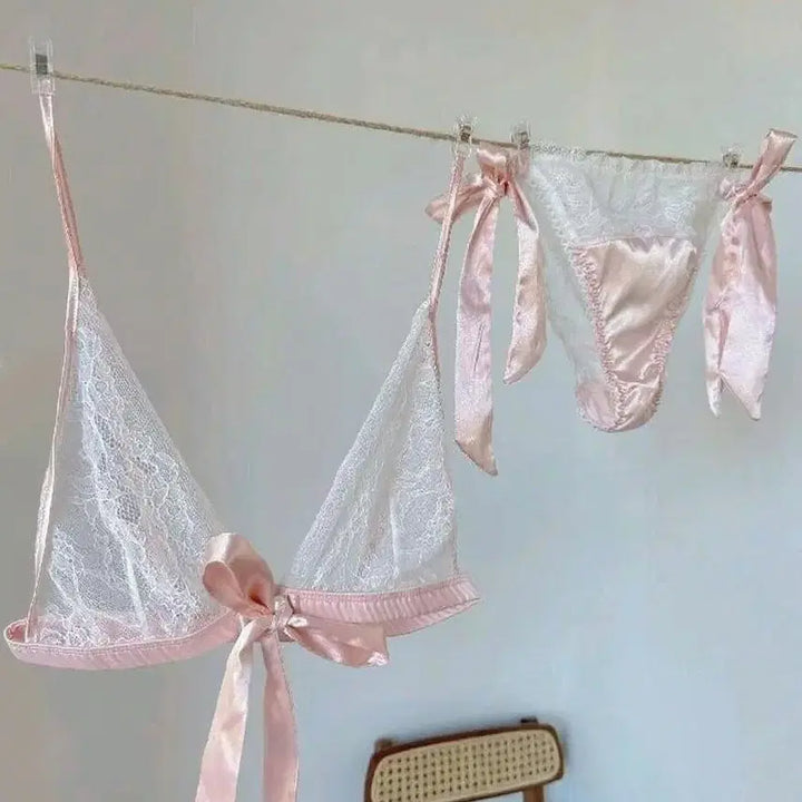 [BUNJANG] Light Pink Ribbon See-through Lingerie 3-Piece Set / 새상품 연핑크 리본 시스루 란제리 3종세트