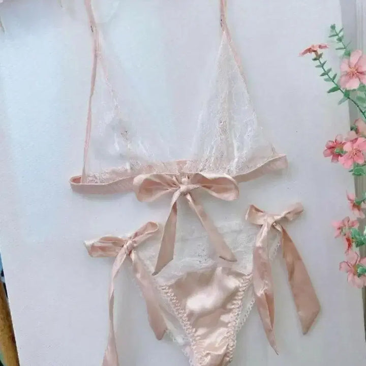 [BUNJANG] Light Pink Ribbon See-through Lingerie 3-Piece Set / 새상품 연핑크 리본 시스루 란제리 3종세트