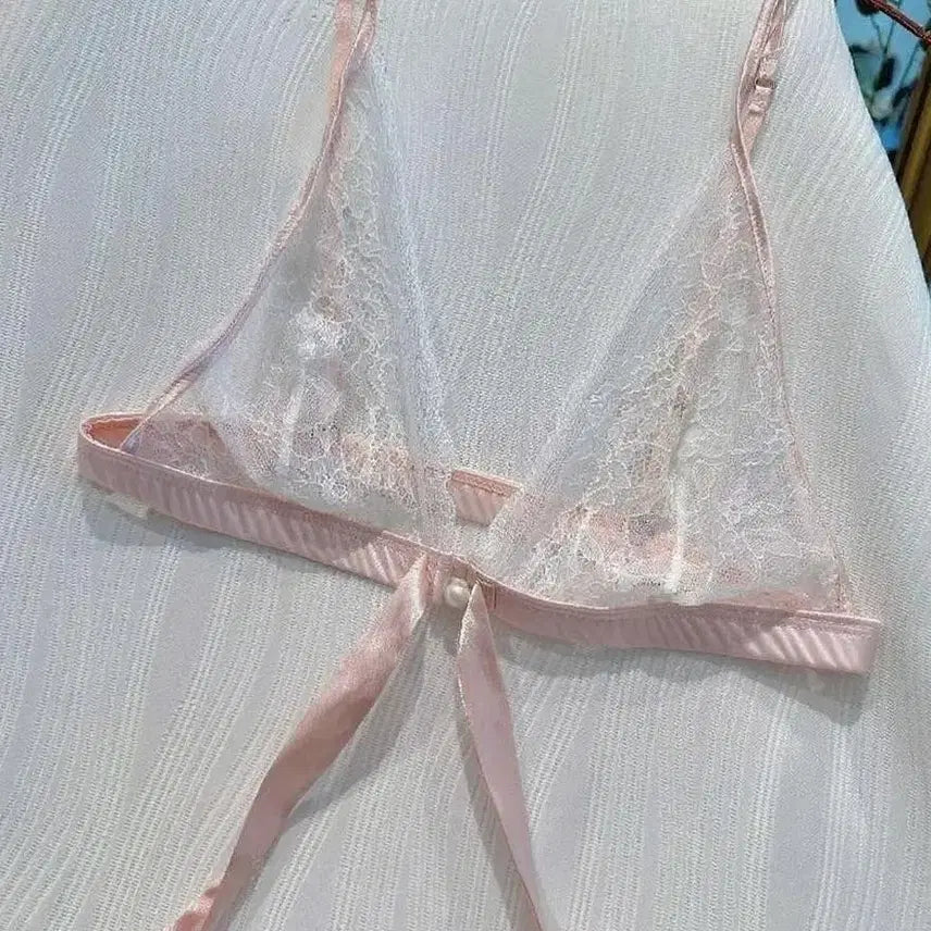 [BUNJANG] Light Pink Ribbon See-through Lingerie 3-Piece Set / 새상품 연핑크 리본 시스루 란제리 3종세트