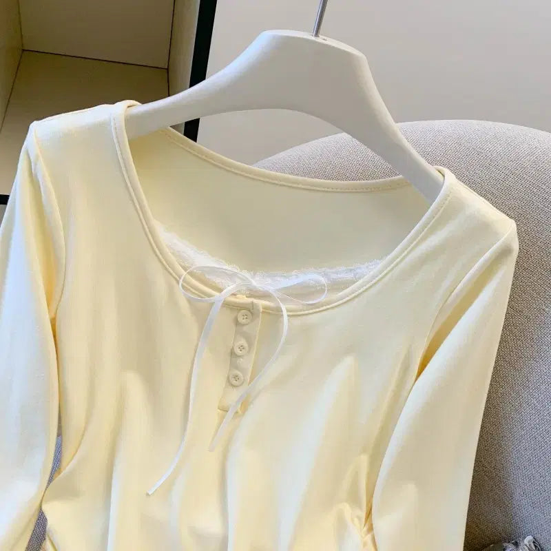 [BUNJANG] Lemon Ruffle Button Blouse / [새상품/빠른발송] 레몬 셔링 버튼 티셔츠 리본 레이스 긴팔 티셔츠