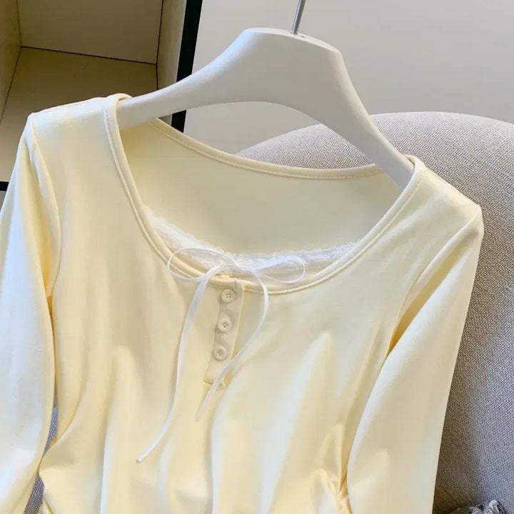 [BUNJANG] Lemon Ruffle Button Blouse / [새상품/빠른발송] 레몬 셔링 버튼 티셔츠 리본 레이스 긴팔 티셔츠