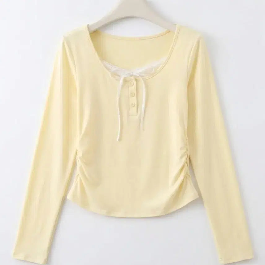 [BUNJANG] Lemon Ruffle Button Blouse / [새상품/빠른발송] 레몬 셔링 버튼 티셔츠 리본 레이스 긴팔 티셔츠
