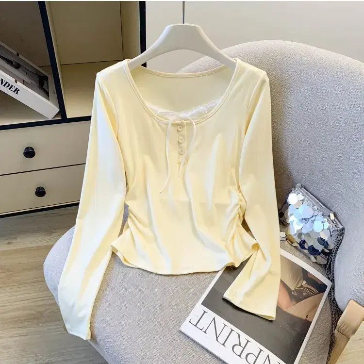 [BUNJANG] Lemon Ruffle Button Blouse / [새상품/빠른발송] 레몬 셔링 버튼 티셔츠 리본 레이스 긴팔 티셔츠