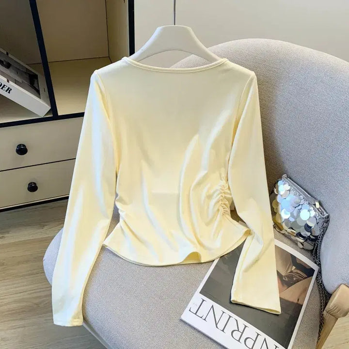 [BUNJANG] Lemon Ruffle Button Blouse / [새상품/빠른발송] 레몬 셔링 버튼 티셔츠 리본 레이스 긴팔 티셔츠