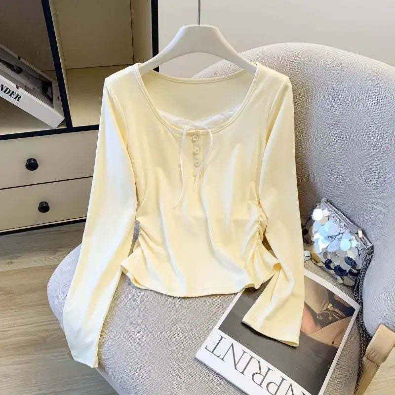 [BUNJANG] Lemon Ruffle Button Blouse / [새상품/빠른발송] 레몬 셔링 버튼 티셔츠 리본 레이스 긴팔 티셔츠
