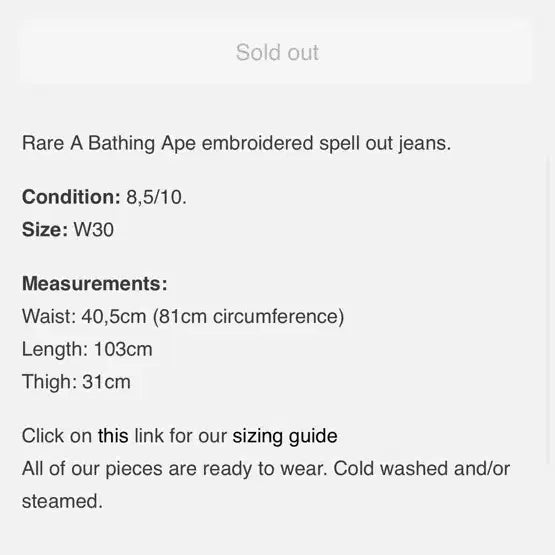 [SOLD OUT] BAPE SPELL OUT LOGO DENIM M